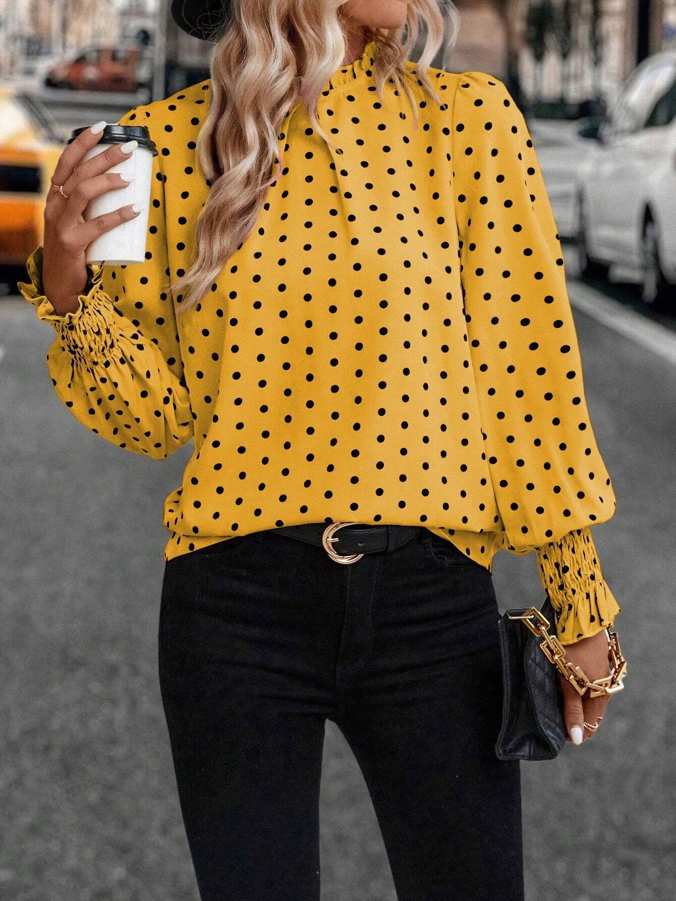 8675 Half Flare Sleeve Polka Dot Print Blouse,Ladies Casual,Elegant Frill,Knot,Shirred Long Sleeve Stand Collar Regular Fit Regular Yellow Flare Sleeve Top Women Blouses,Spring/Fall ,Casual Daily Wear
