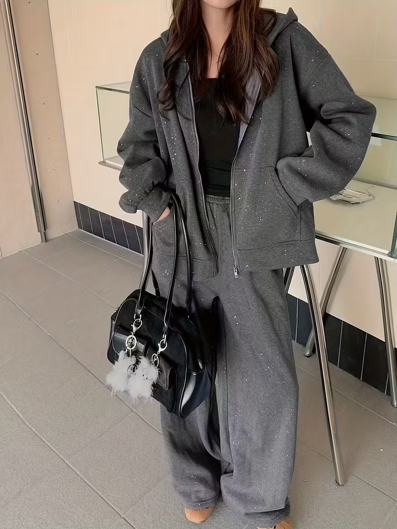 OA063 Women'S Hooded Coat and Straight-Leg Pants Set with Silver Accents - Casual Fall/Winter Outfit, Solid Color, Long Sleeve, Button-Up Front, Regular Fit, Perfect For Daily Wear, Casual Wear | Hooded Coat | Buttonup Front, Ladies Coats