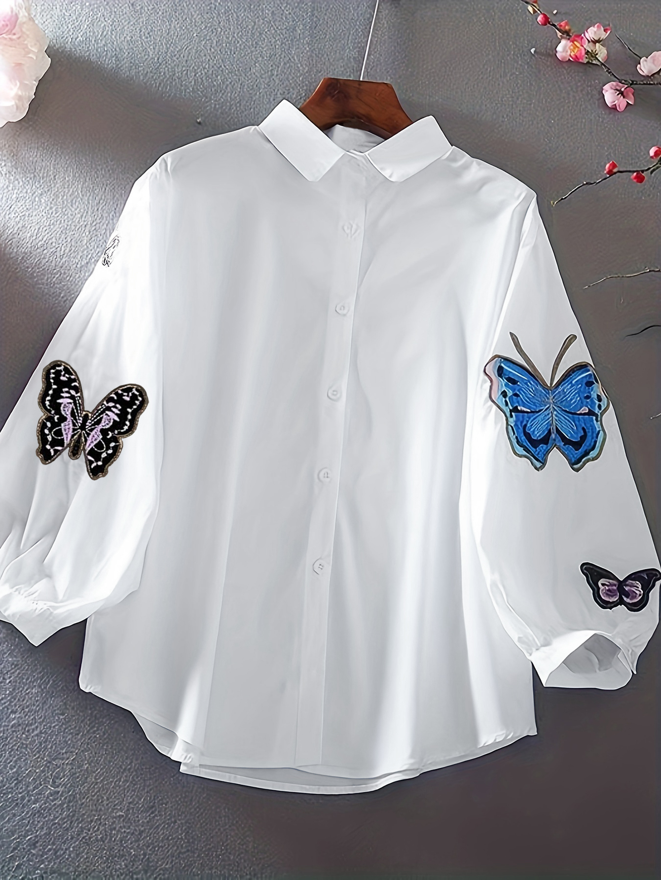 XD267 Women's Casual Butterfly Print Long Sleeve Blouse Women Shirt