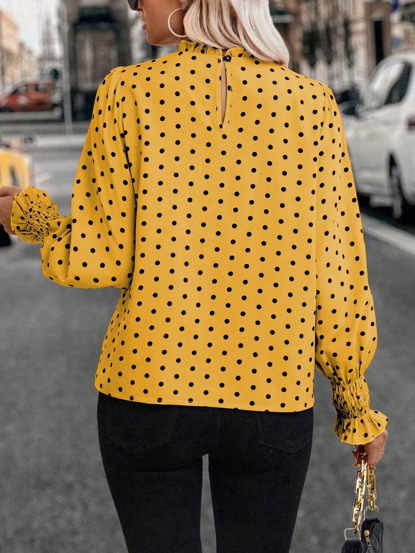 8675 Half Flare Sleeve Polka Dot Print Blouse,Ladies Casual,Elegant Frill,Knot,Shirred Long Sleeve Stand Collar Regular Fit Regular Yellow Flare Sleeve Top Women Blouses,Spring/Fall ,Casual Daily Wear