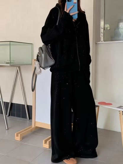 OA063 Women'S Hooded Coat and Straight-Leg Pants Set with Silver Accents - Casual Fall/Winter Outfit, Solid Color, Long Sleeve, Button-Up Front, Regular Fit, Perfect For Daily Wear, Casual Wear | Hooded Coat | Buttonup Front, Ladies Coats