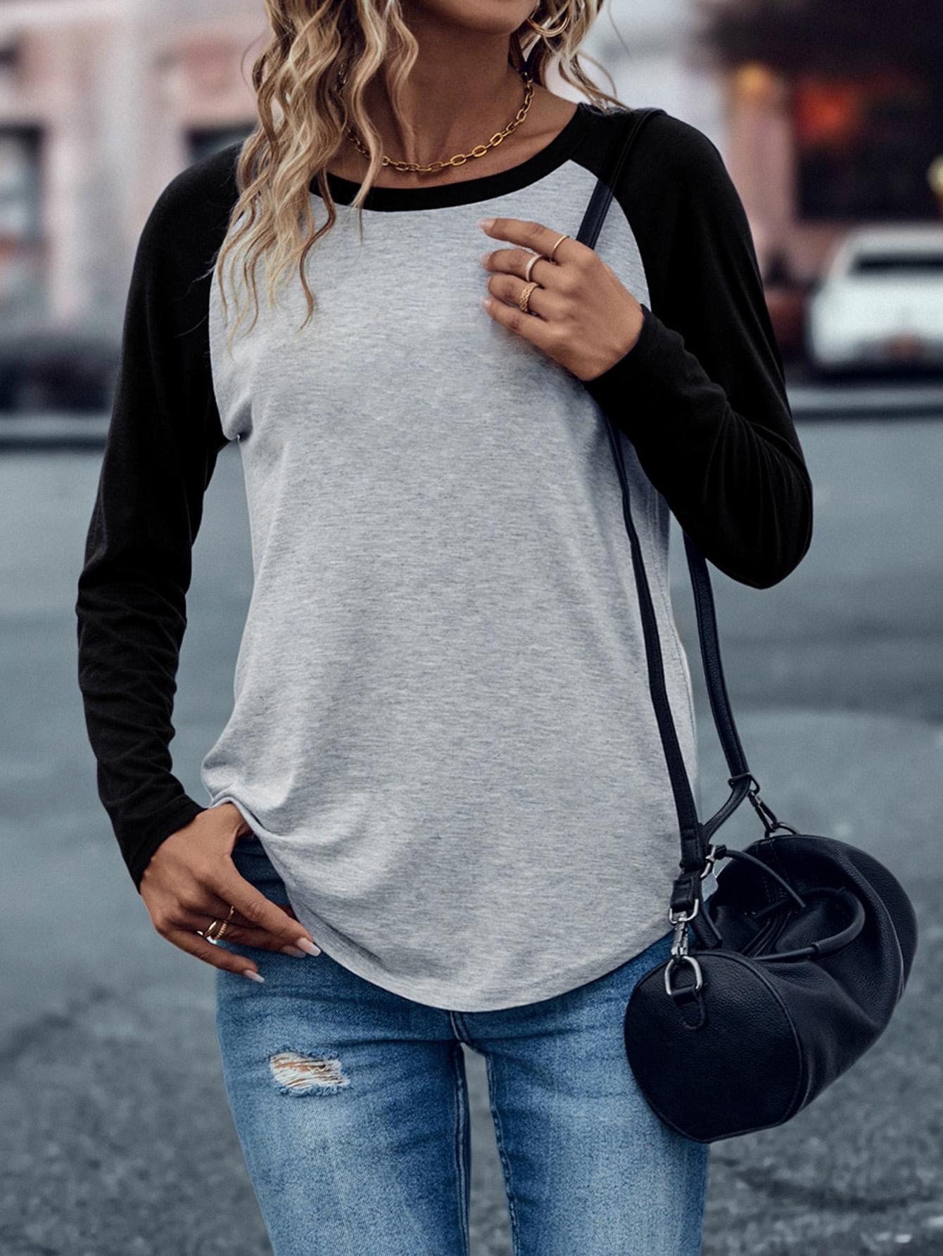 XH315 Colorblock Raglan Sleeve Tee Graphic Tees Women Tops(Can be customized printing)