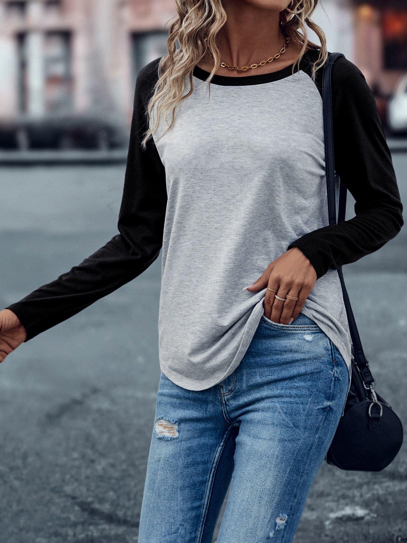 XH315 Colorblock Raglan Sleeve Tee Graphic Tees Women Tops(Can be customized printing)