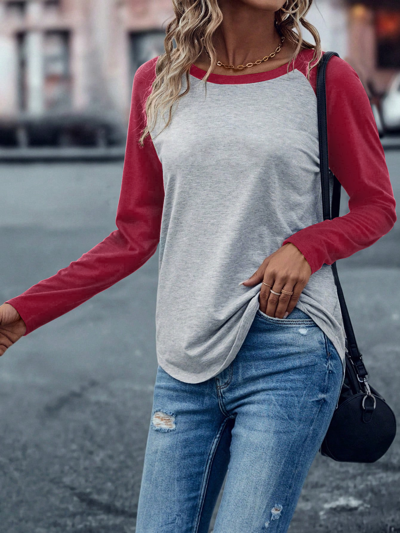 XH315 Colorblock Raglan Sleeve Tee Graphic Tees Women Tops(Can be customized printing)