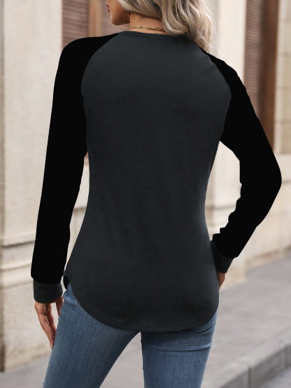 XH199 Women Casual Color Block Raglan Sleeve Long Sleeve T-Shirt, For Autumn Daily Wear Graphic Tees Women Tops For Spring Outfit