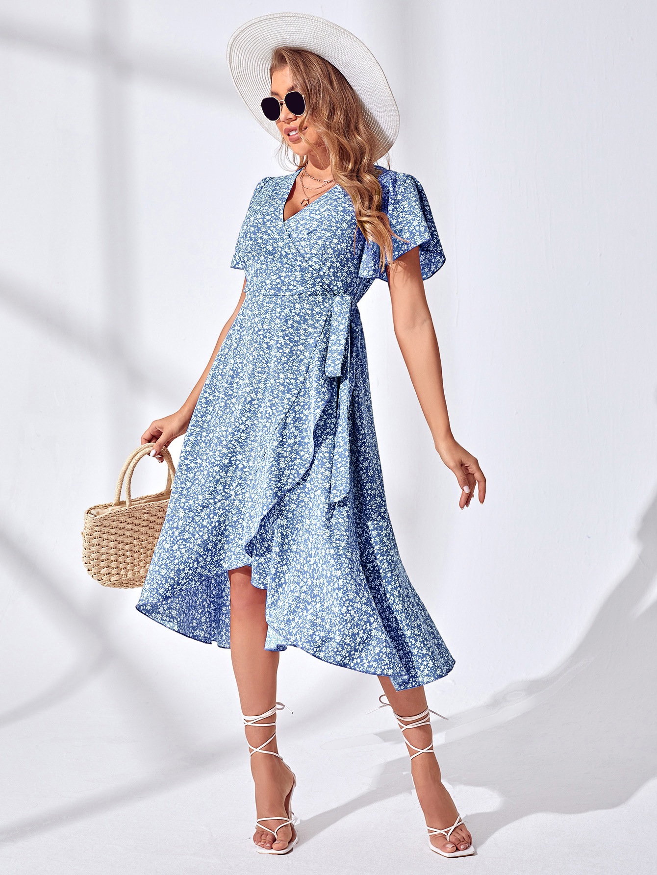 XH451 Floral Print Ruffle Sleeves Knotted Side Wrap Dress