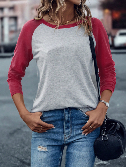 XH315 Colorblock Raglan Sleeve Tee Graphic Tees Women Tops(Can be customized printing)