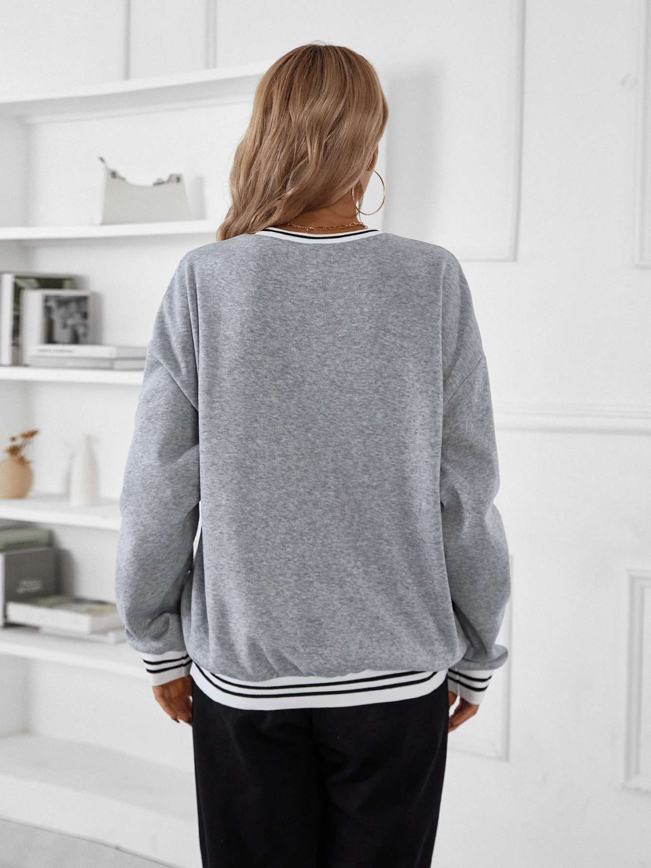 SW546 Letter Graphic Striped Trim Drop Shoulder Pullover,Long Sleeve Tops Graduation,Back To School Outfits,Graduation,Teacher Outfits For Women,Back To School Fall Outfit(Can be customized printing)