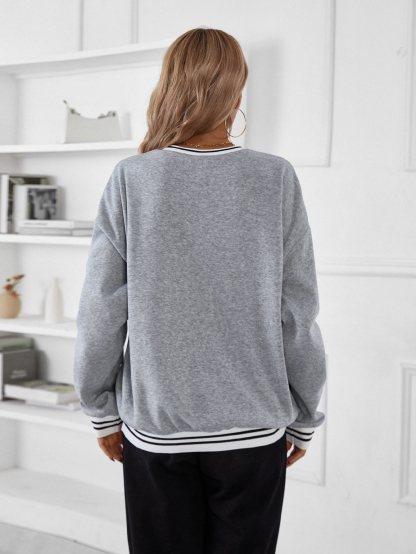 SW546 Letter Graphic Striped Trim Drop Shoulder Pullover,Long Sleeve Tops Graduation,Back To School Outfits,Graduation,Teacher Outfits For Women,Back To School Fall Outfit(Can be customized printing)