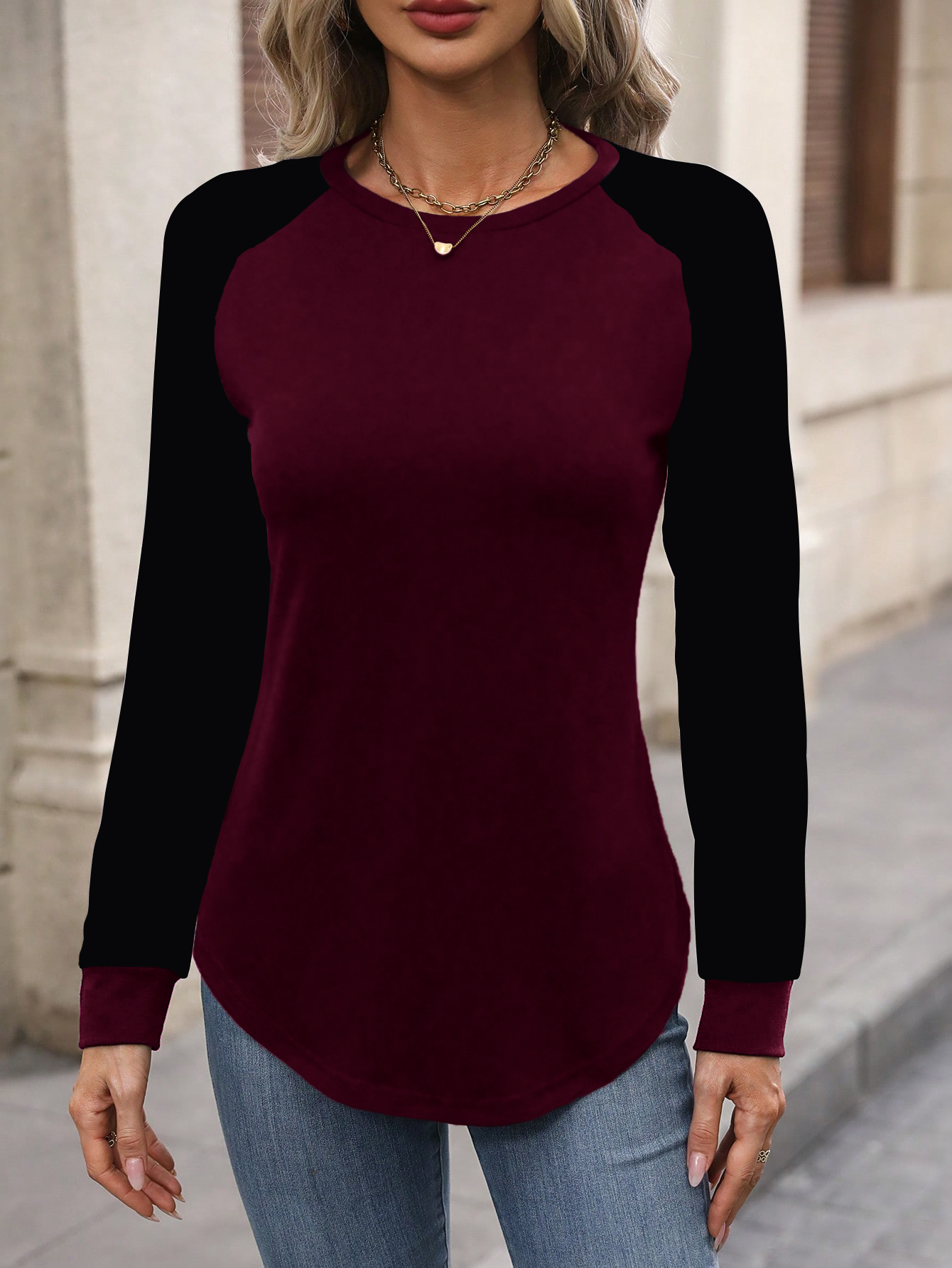 XH199 Women Casual Color Block Raglan Sleeve Long Sleeve T-Shirt, For Autumn Daily Wear Graphic Tees Women Tops For Spring Outfit