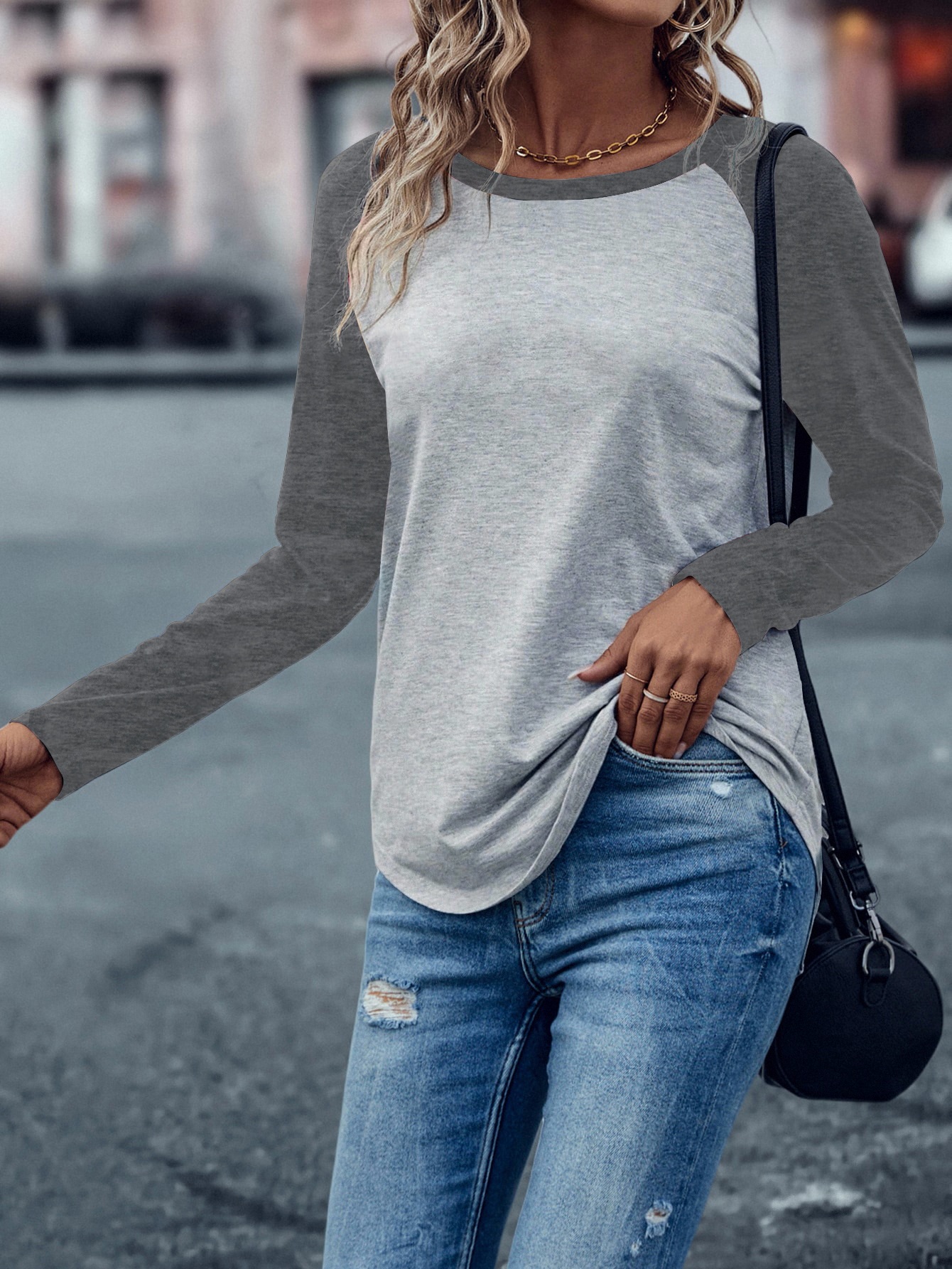 XH315 Colorblock Raglan Sleeve Tee Graphic Tees Women Tops(Can be customized printing)