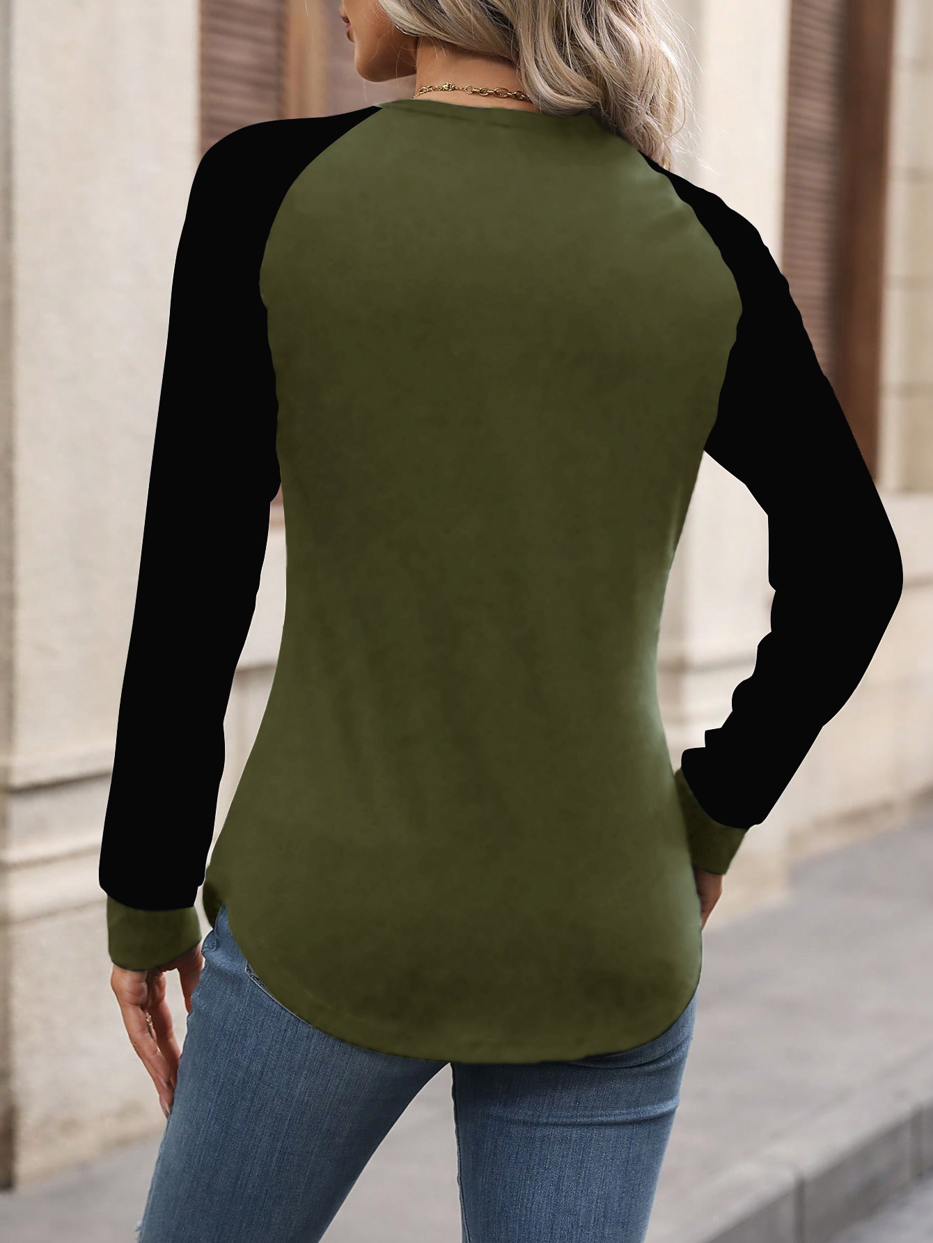 XH199 Women Casual Color Block Raglan Sleeve Long Sleeve T-Shirt, For Autumn Daily Wear Graphic Tees Women Tops For Spring Outfit