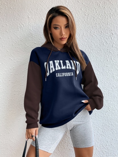 SPS001 Letter Graphic Colorblock Drop Shoulder Drawstring Thermal Hoodie,Long Sleeve Tops Graduation,Back To School Outfits,Graduation,Teacher Outfits For Women,Back To School Pullover Fall Outfit(Can be customized printing)