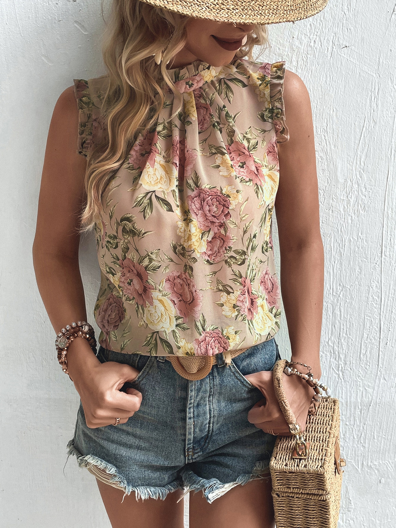 s988 Floral Print Keyhole Back Sleeveless Blouse