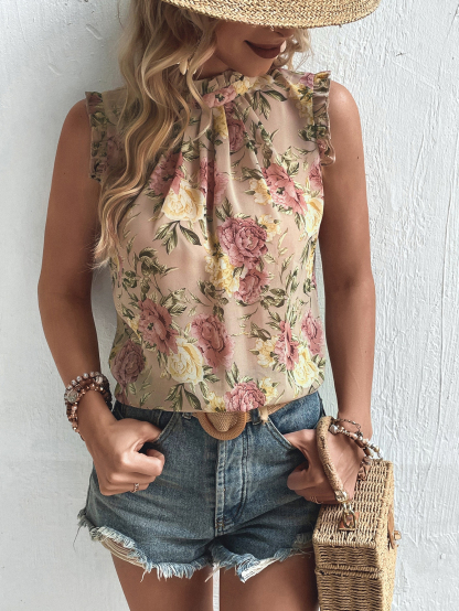 s988 Floral Print Keyhole Back Sleeveless Blouse