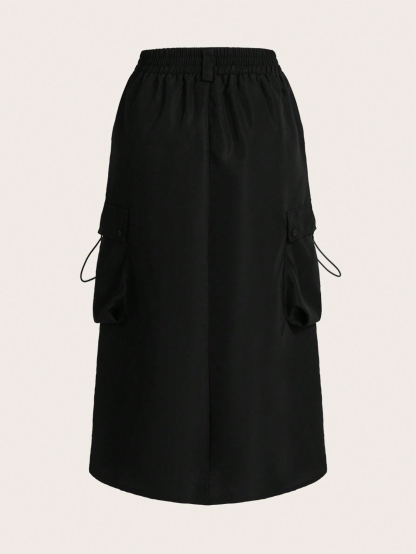 XD242 Women Spring/Summer Leisure Solid Color Drawstring Waist Tooling Skirt