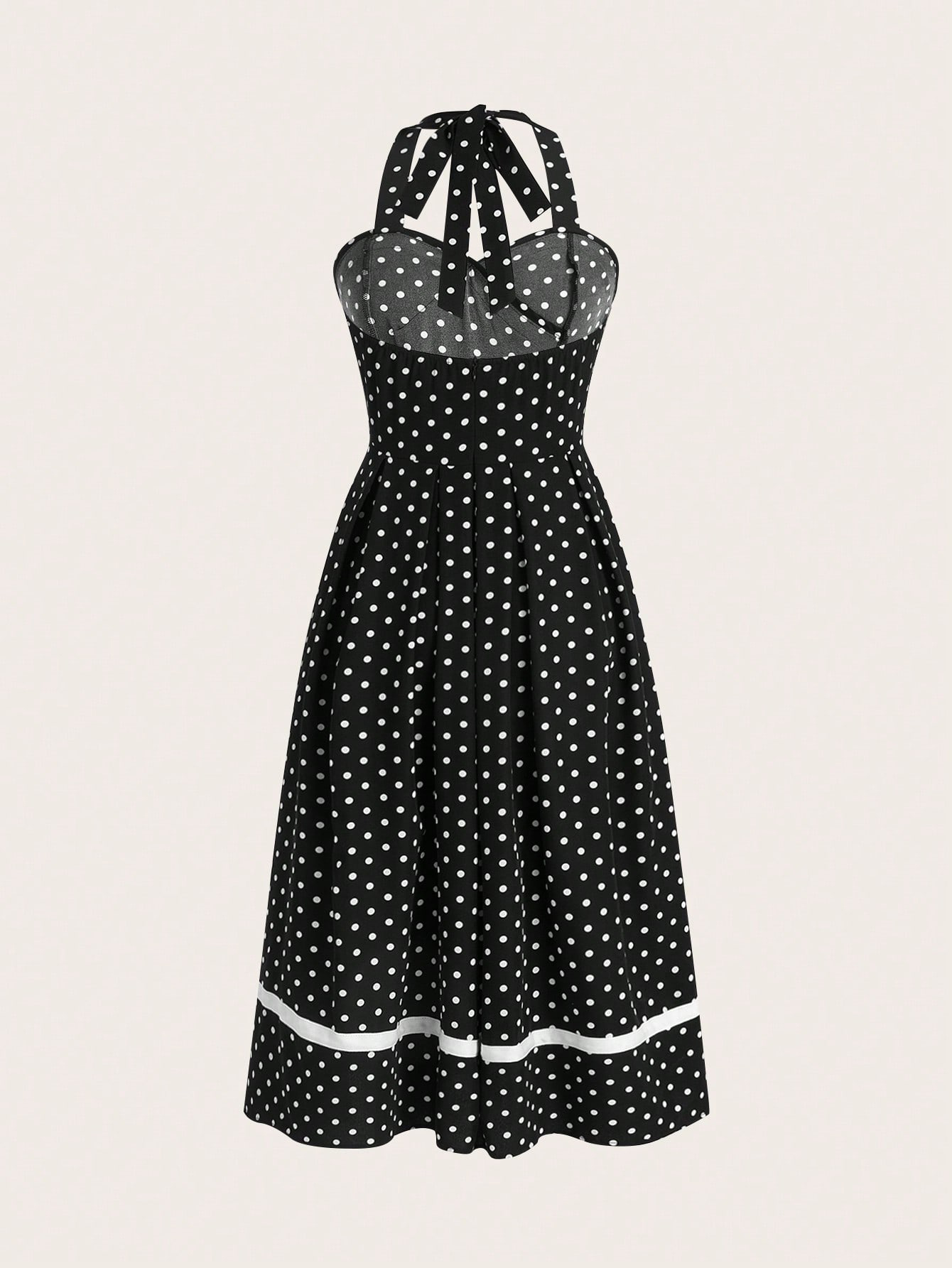 XD204 Women Summer Button Decor Polka Dot Print Halter Neck Tie Waist Dress Maxi Women Outfit