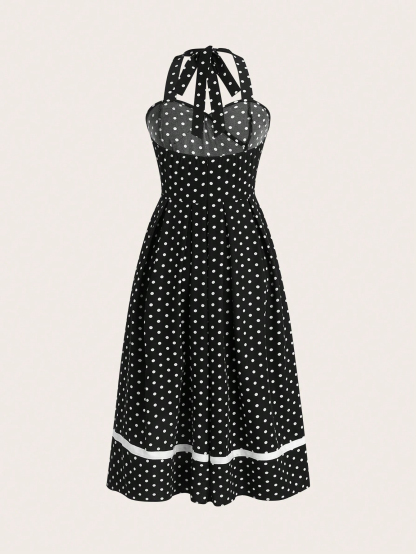 XD204 Women Summer Button Decor Polka Dot Print Halter Neck Tie Waist Dress Maxi Women Outfit