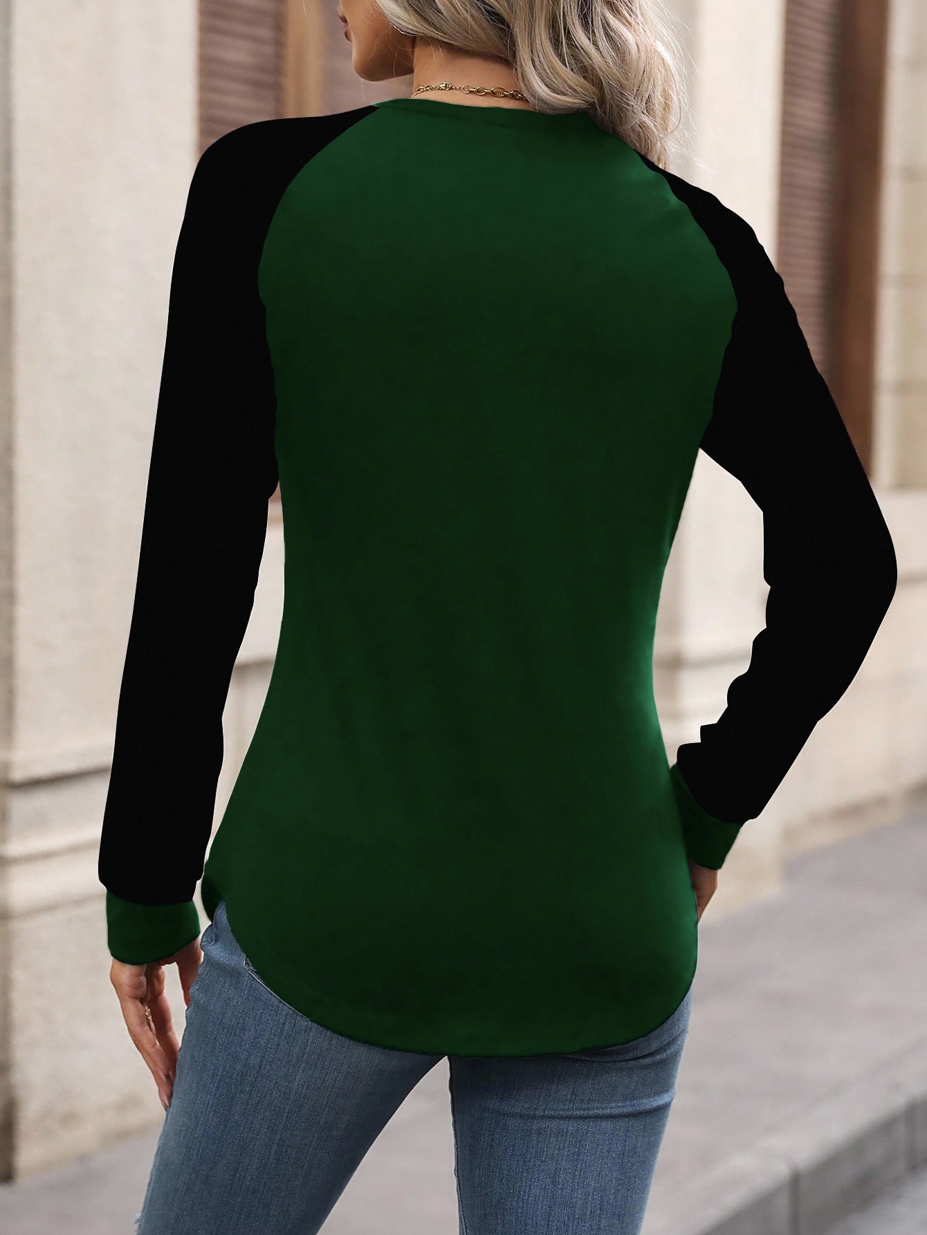 XH199 Women Casual Color Block Raglan Sleeve Long Sleeve T-Shirt, For Autumn Daily Wear Graphic Tees Women Tops For Spring Outfit