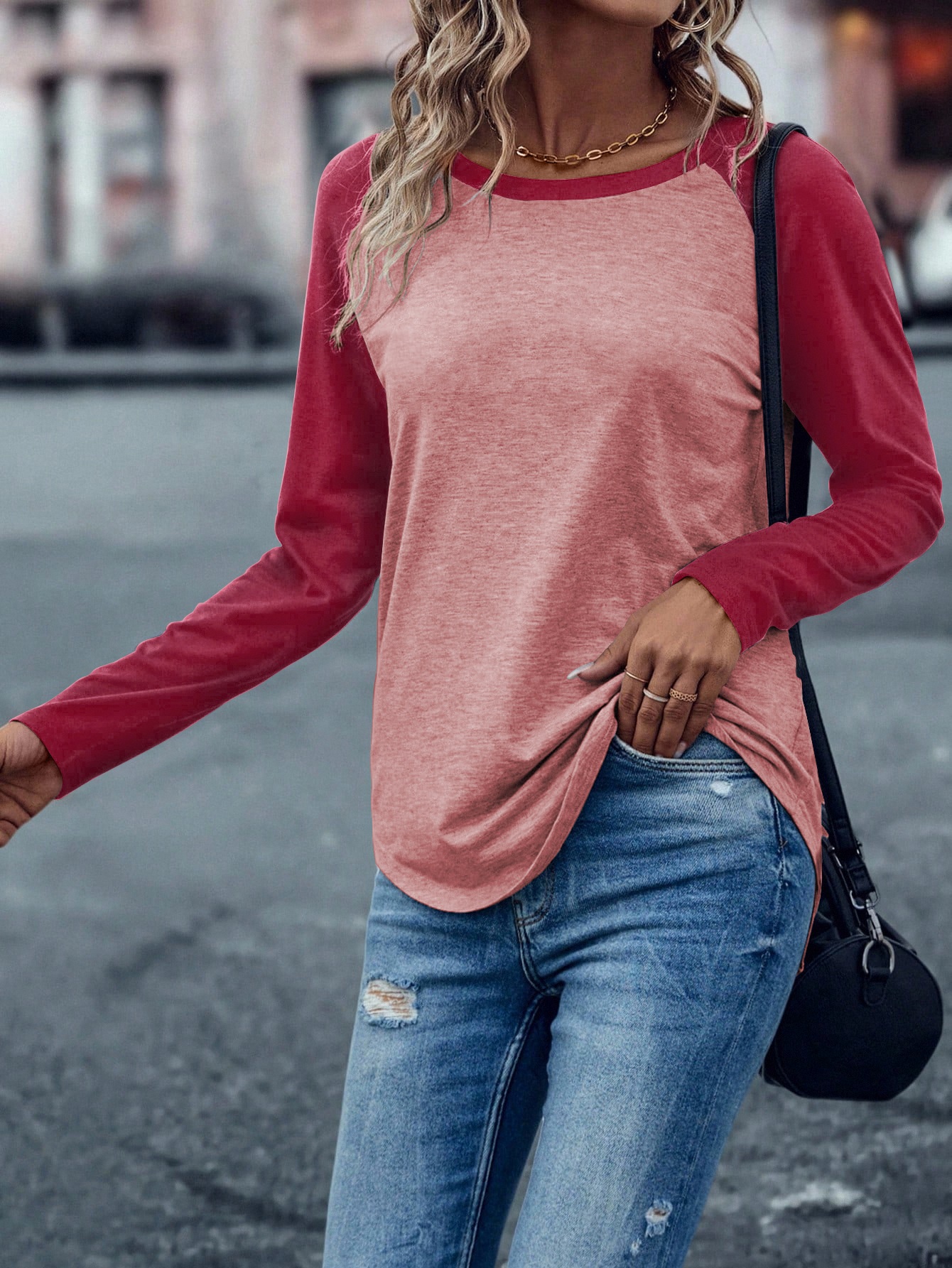 XH315 Colorblock Raglan Sleeve Tee Graphic Tees Women Tops(Can be customized printing)