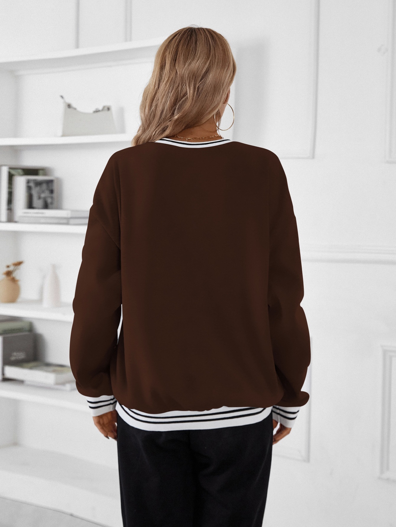 SW546 Letter Graphic Striped Trim Drop Shoulder Pullover,Long Sleeve Tops Graduation,Back To School Outfits,Graduation,Teacher Outfits For Women,Back To School Fall Outfit(Can be customized printing)