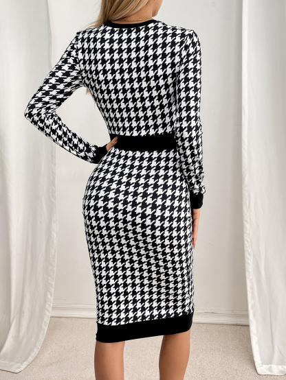 XH670 Clasi Women's Solid Color Patchwork Front Button Long Sleeve Casual Knit Houndstooth Midi Dress Fall Cloth For Women