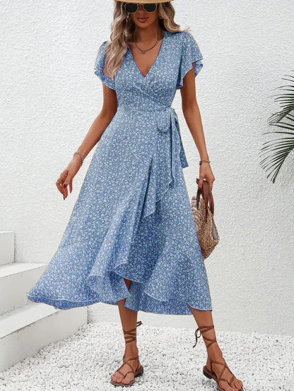 XH451 Floral Print Ruffle Sleeves Knotted Side Wrap Dress