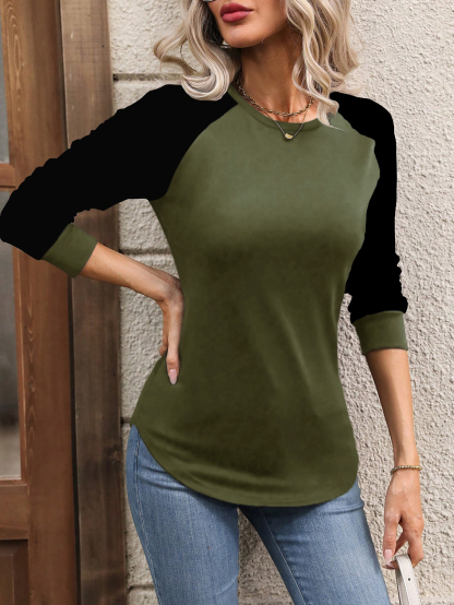 XH199 Women Casual Color Block Raglan Sleeve Long Sleeve T-Shirt, For Autumn Daily Wear Graphic Tees Women Tops For Spring Outfit