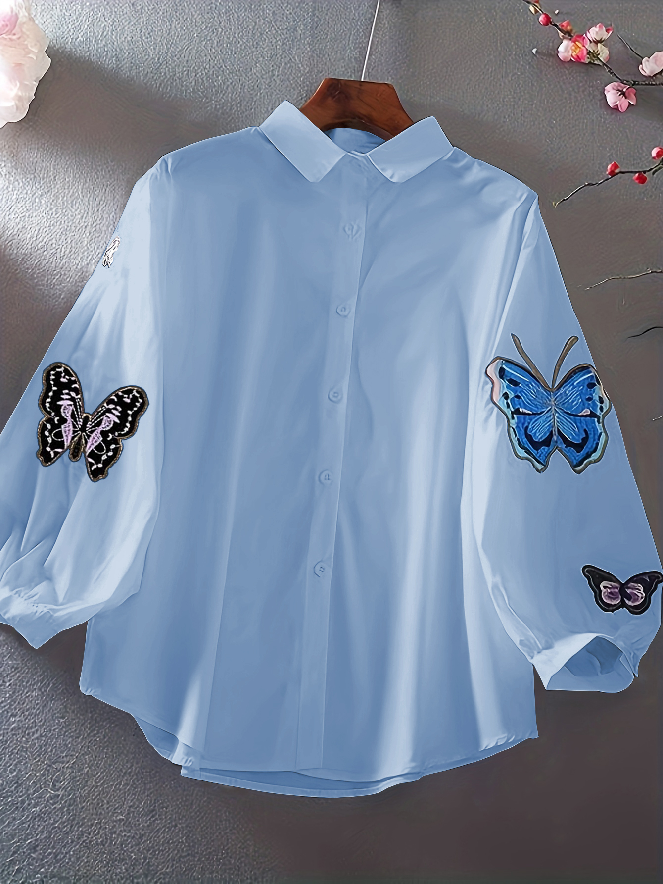 XD267 Women's Casual Butterfly Print Long Sleeve Blouse Women Shirt