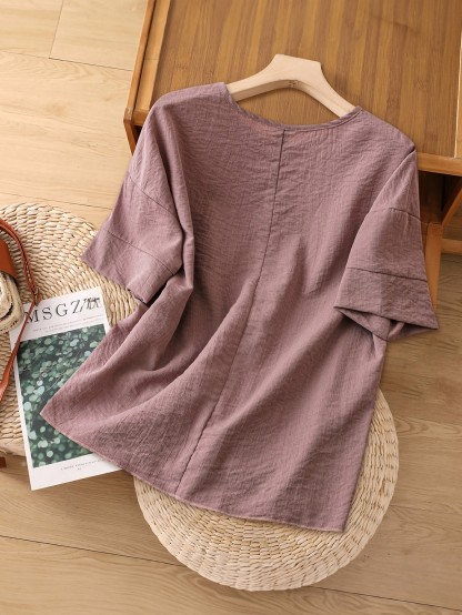 XD602 Casual Solid Color Button Decorated Drawstring Shirt