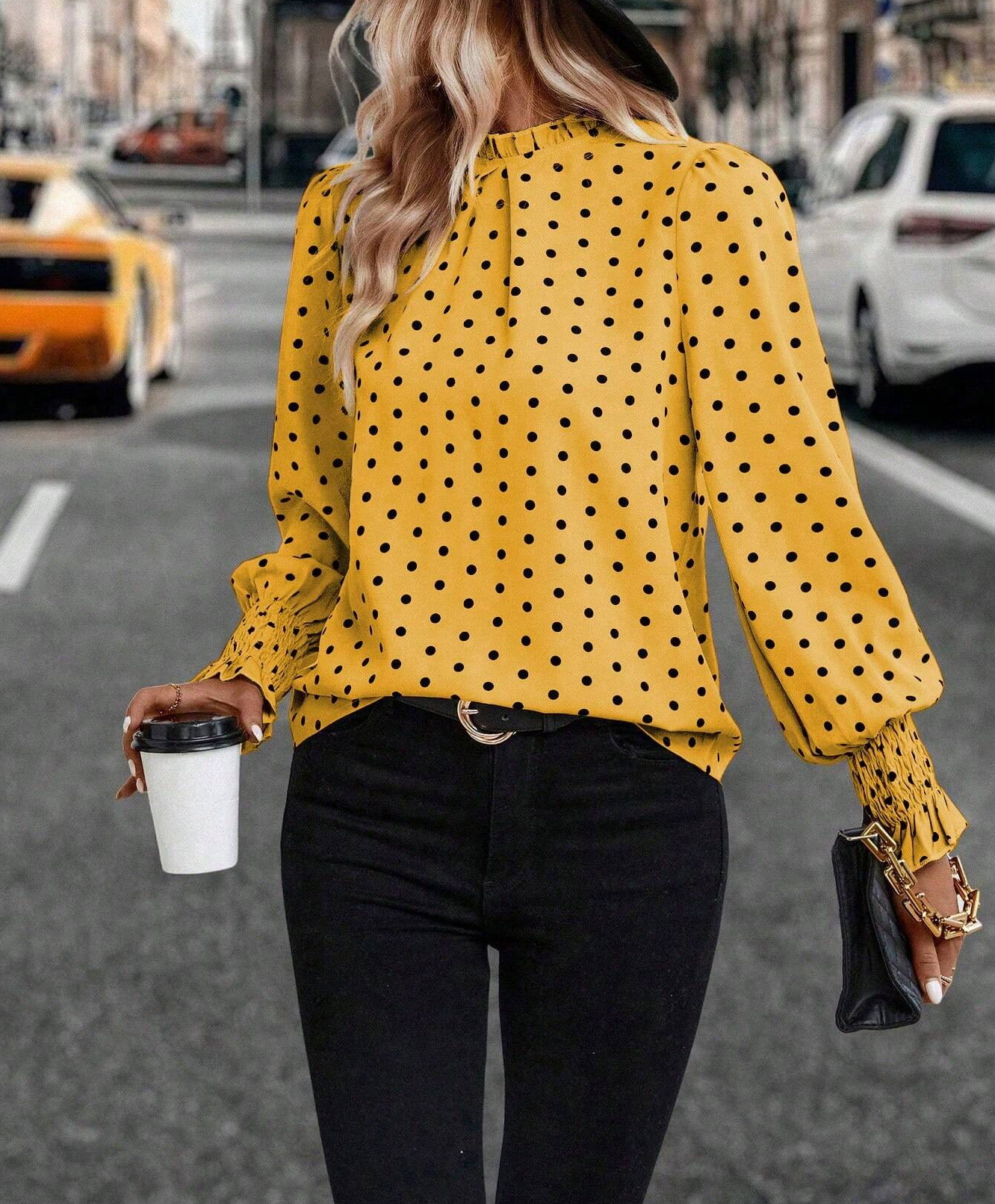 8675 Half Flare Sleeve Polka Dot Print Blouse,Ladies Casual,Elegant Frill,Knot,Shirred Long Sleeve Stand Collar Regular Fit Regular Yellow Flare Sleeve Top Women Blouses,Spring/Fall ,Casual Daily Wear