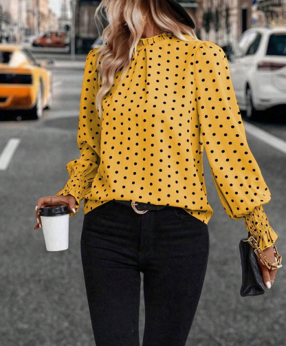 8675 Half Flare Sleeve Polka Dot Print Blouse,Ladies Casual,Elegant Frill,Knot,Shirred Long Sleeve Stand Collar Regular Fit Regular Yellow Flare Sleeve Top Women Blouses,Spring/Fall ,Casual Daily Wear