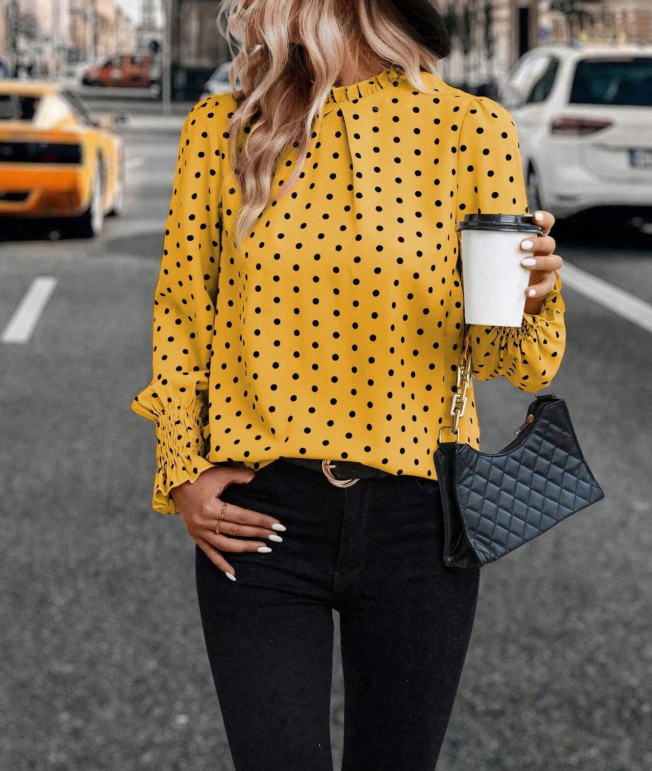 8675 Half Flare Sleeve Polka Dot Print Blouse,Ladies Casual,Elegant Frill,Knot,Shirred Long Sleeve Stand Collar Regular Fit Regular Yellow Flare Sleeve Top Women Blouses,Spring/Fall ,Casual Daily Wear