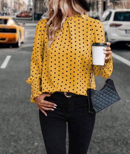 8675 Half Flare Sleeve Polka Dot Print Blouse,Ladies Casual,Elegant Frill,Knot,Shirred Long Sleeve Stand Collar Regular Fit Regular Yellow Flare Sleeve Top Women Blouses,Spring/Fall ,Casual Daily Wear