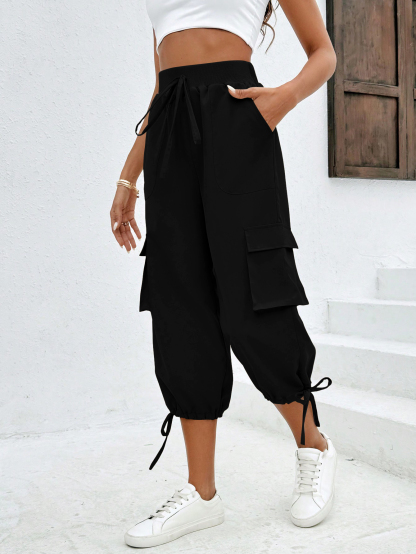 XD113 Women's Cargo Pants with Pockets Capris Wide Leg High Waisted Quick Dry Adjustable Cute Yoga Sweatpants Drawstring Elastic Waist Waterproof Gaucho Pants