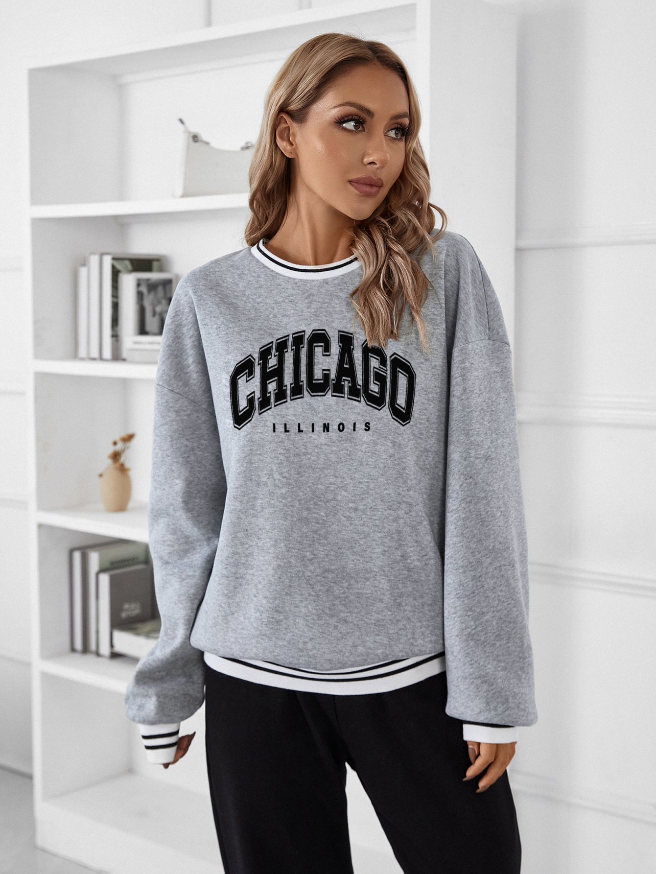 SW546 Letter Graphic Striped Trim Drop Shoulder Pullover,Long Sleeve Tops Graduation,Back To School Outfits,Graduation,Teacher Outfits For Women,Back To School Fall Outfit(Can be customized printing)