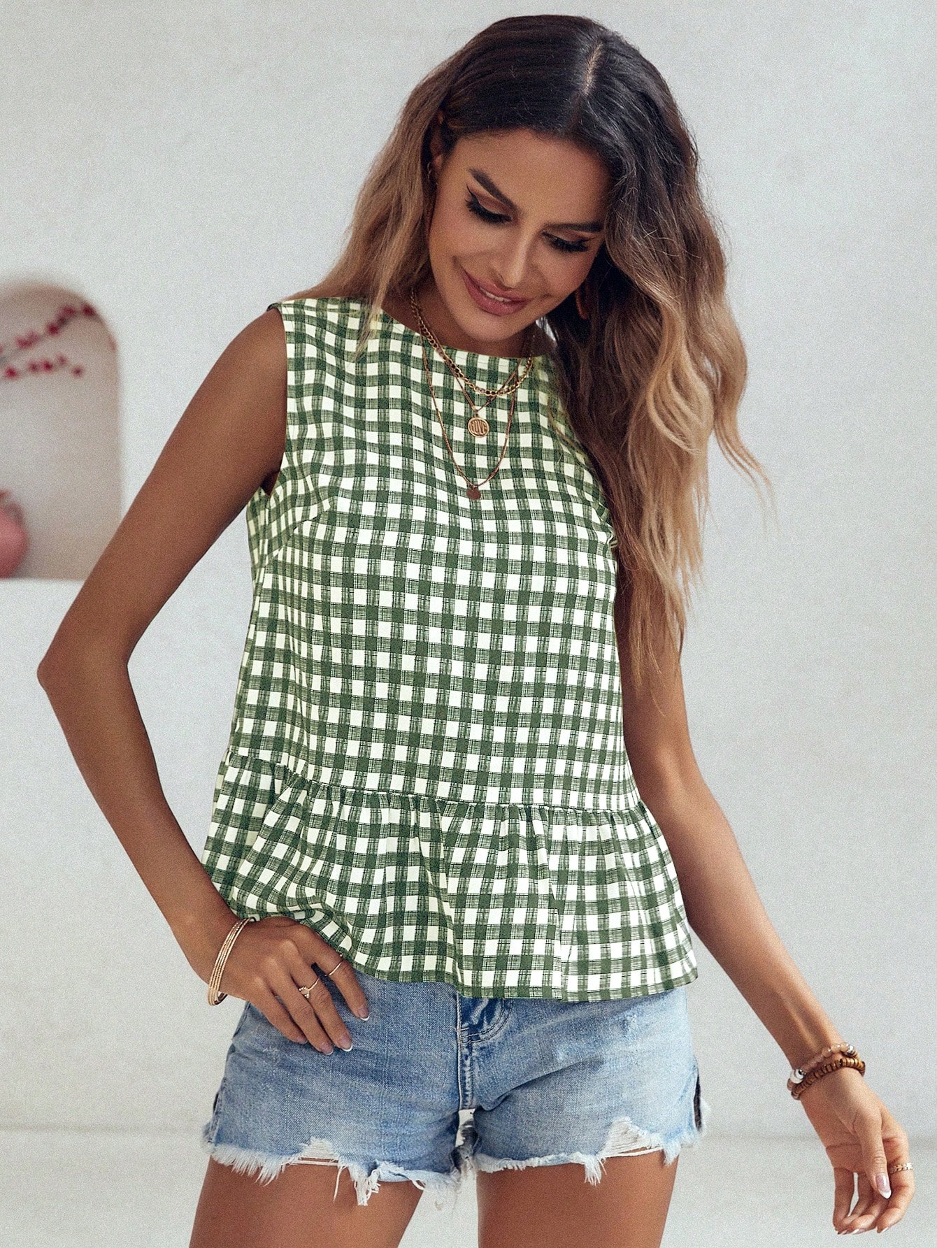 Women's Checkered Ruffle Hem Sleeveless Blouse Peplum Top