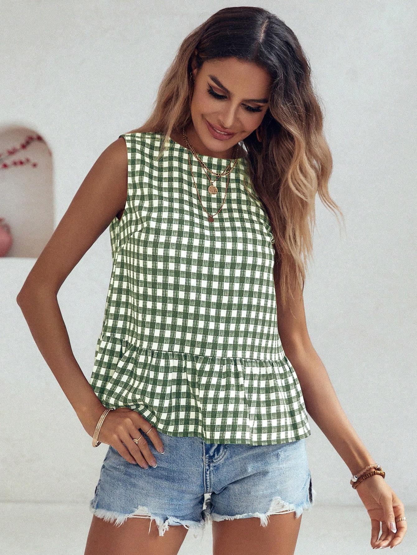 Women's Checkered Ruffle Hem Sleeveless Blouse Peplum Top