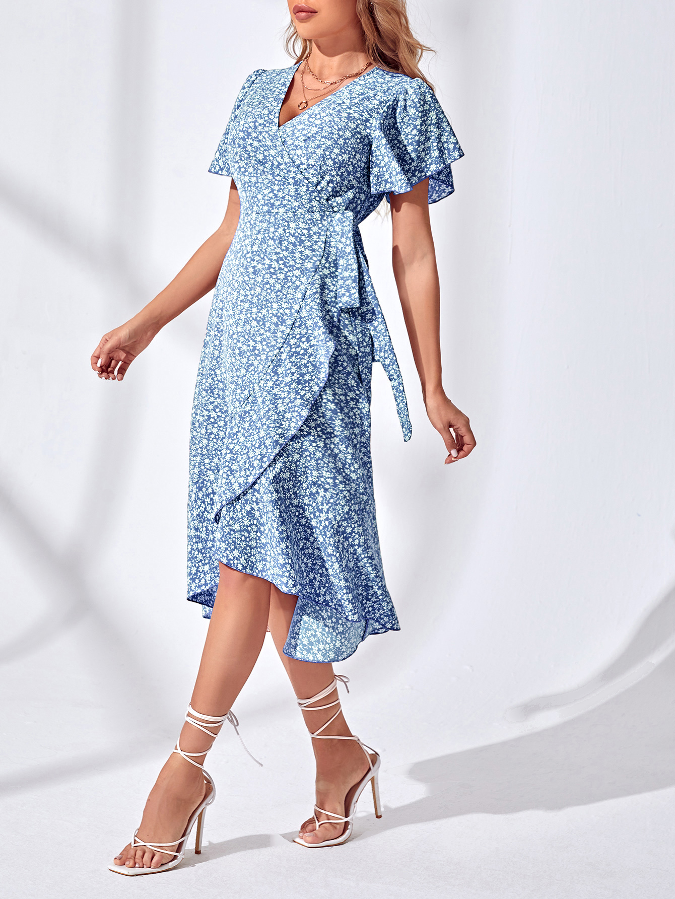 XH451 Floral Print Ruffle Sleeves Knotted Side Wrap Dress