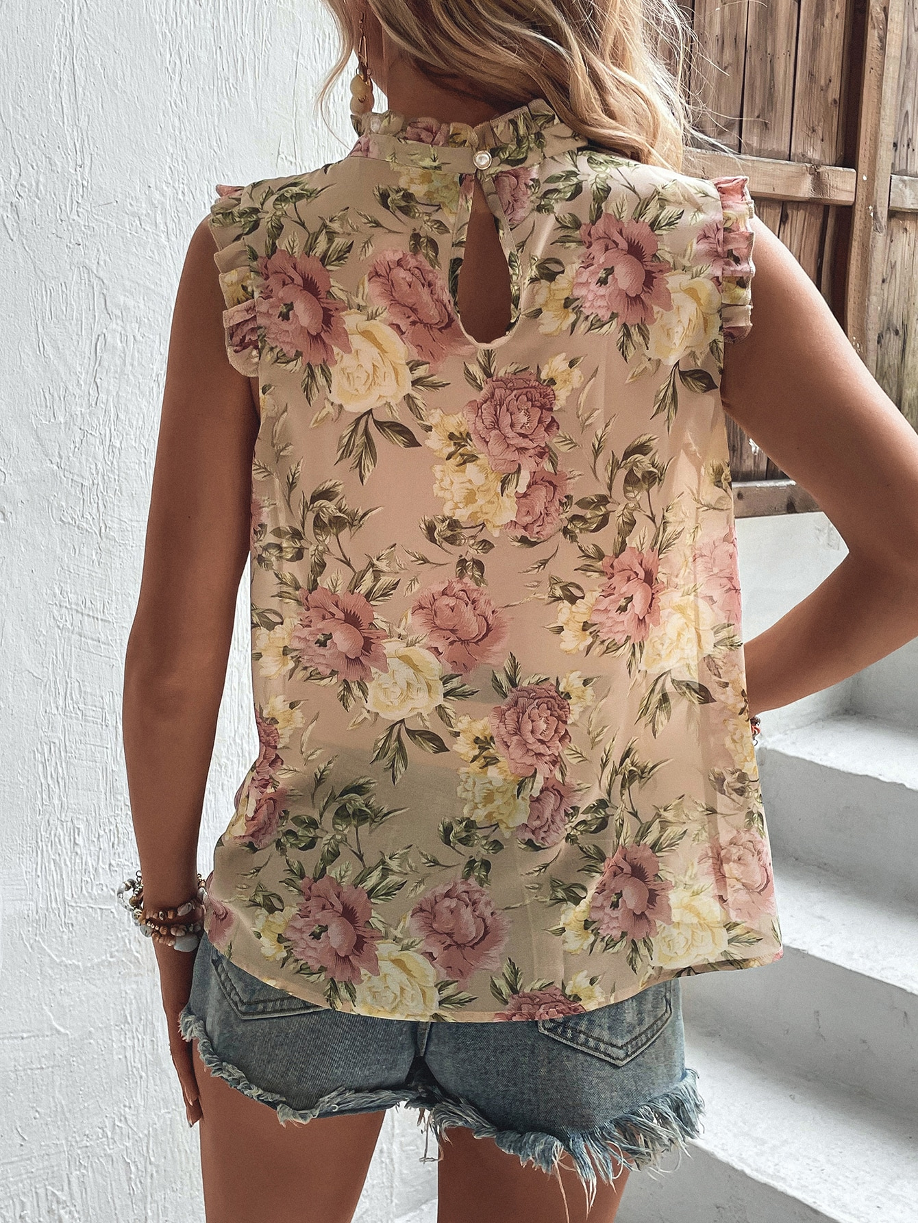 s988 Floral Print Keyhole Back Sleeveless Blouse