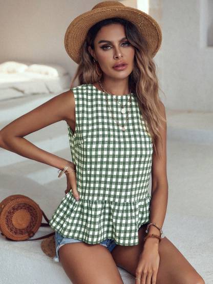 Women's Checkered Ruffle Hem Sleeveless Blouse Peplum Top