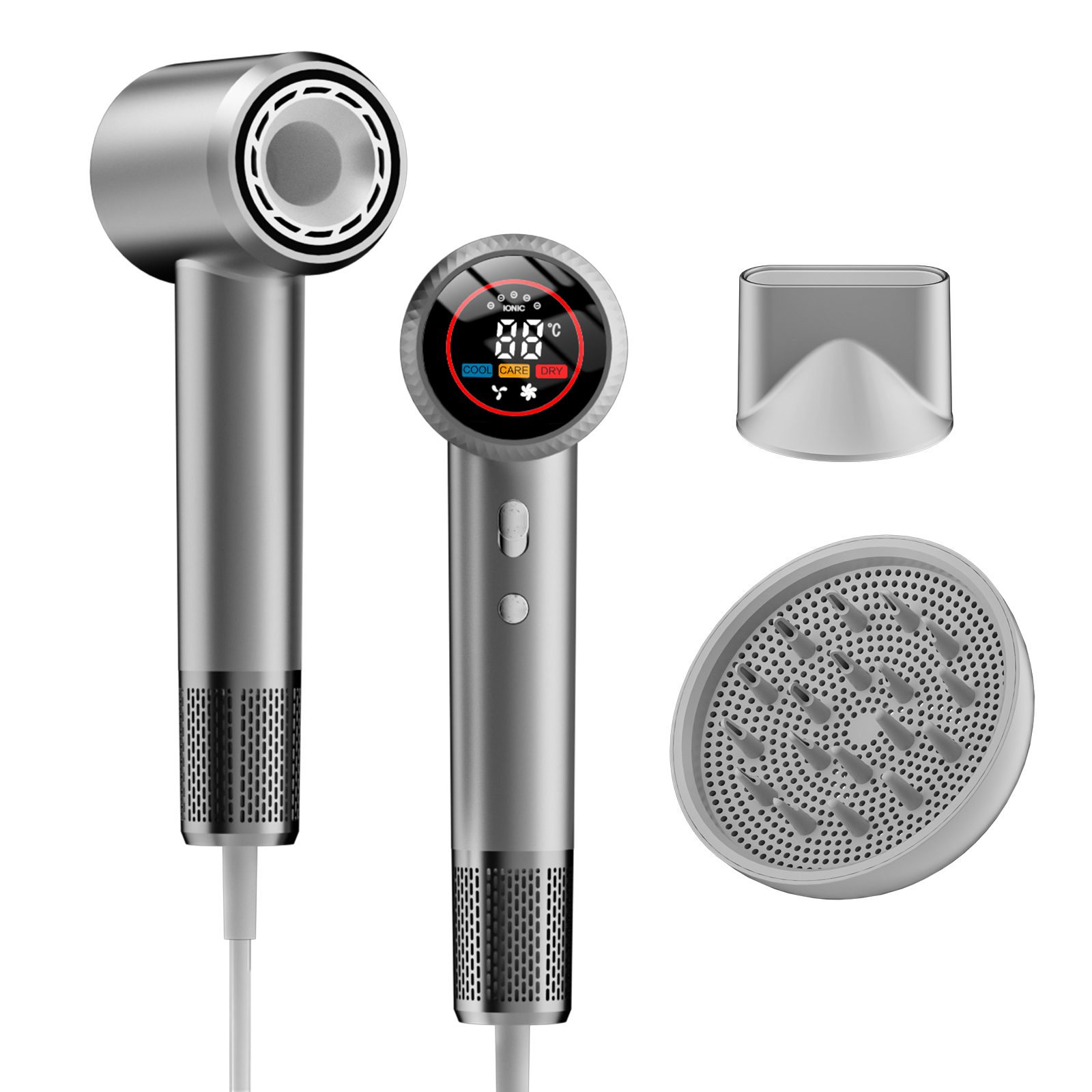 Professional Hair Dryer with Diffuser, 150,000 RPM High-Speed for Fast Drying, 1500W Ionic (Frizz Control), Low Noise, Magnetic Nozzles – Gray