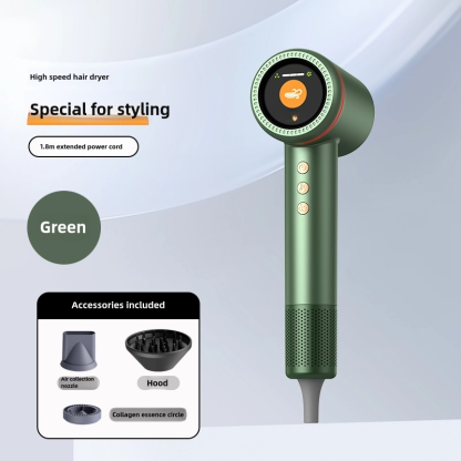Salon-Grade Hair Dryer, Fast Drying, Frizz Reducing, Low-Noise Design (Concentrator + Diffuser + Aromatherapy Nozzle) - Green