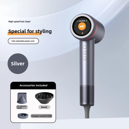 Salon-Grade Hair Dryer, Fast Drying, Frizz Reducing, Low-Noise Design (Concentrator + Diffuser + Aromatherapy Nozzle) - Silver