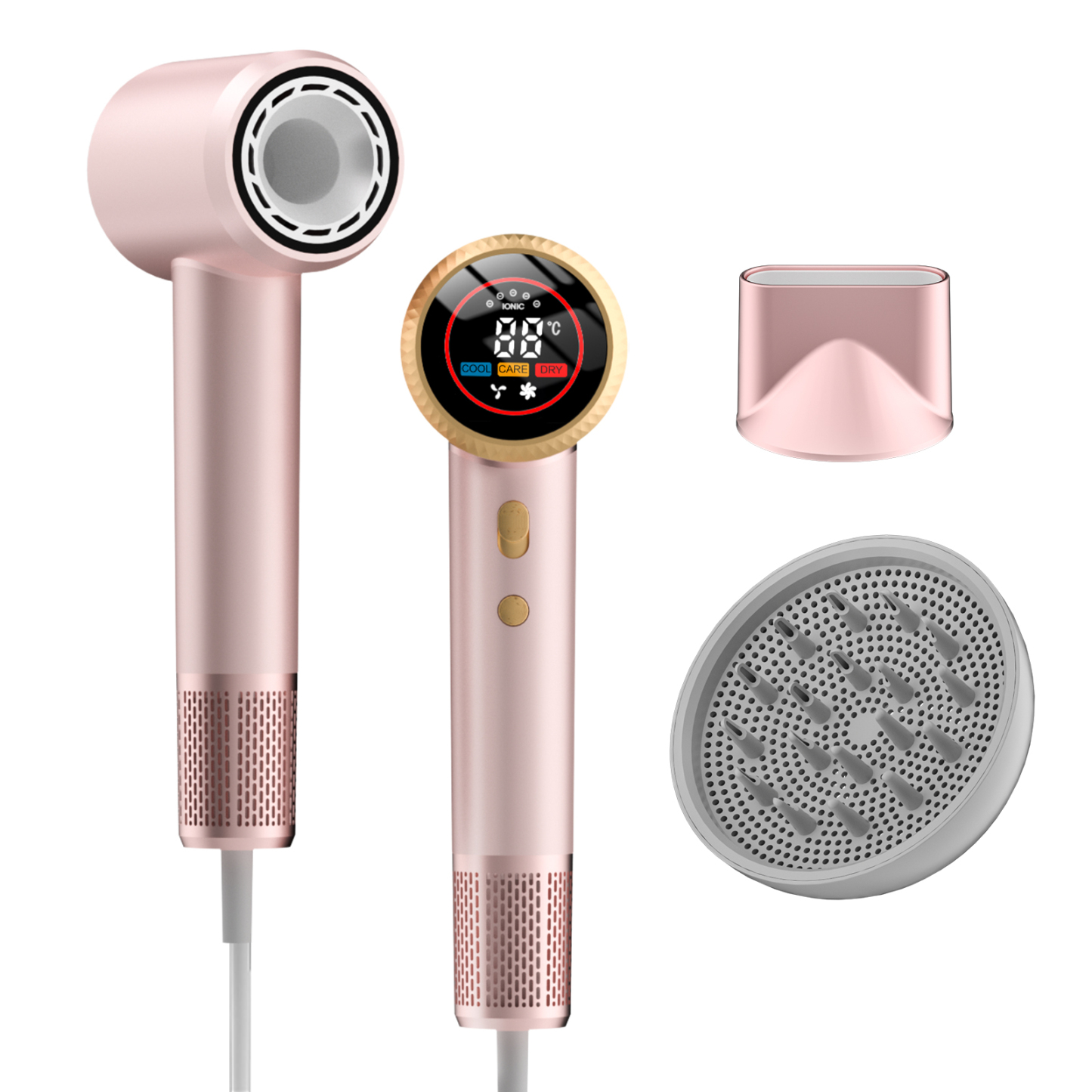 Professional Hair Dryer with Diffuser, 150,000 RPM High-Speed for Fast Drying, 1500W Ionic (Frizz Control), Low Noise, Magnetic Nozzles – Pink