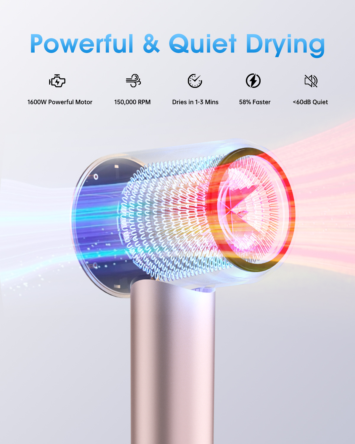 Professional Hair Dryer with Diffuser, 150,000 RPM High-Speed for Fast Drying, 1500W Ionic (Frizz Control), Low Noise, Magnetic Nozzles – Pink