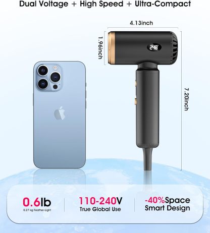 Travel Hair Dryer, Dual Voltage Mini Ionic Blow Dryer for Fast Drying, Compact Lightweight Hair Dryer with Magnetic Diffuser for Home & Travel, Portable Hairdryer International 110-240V (Black)