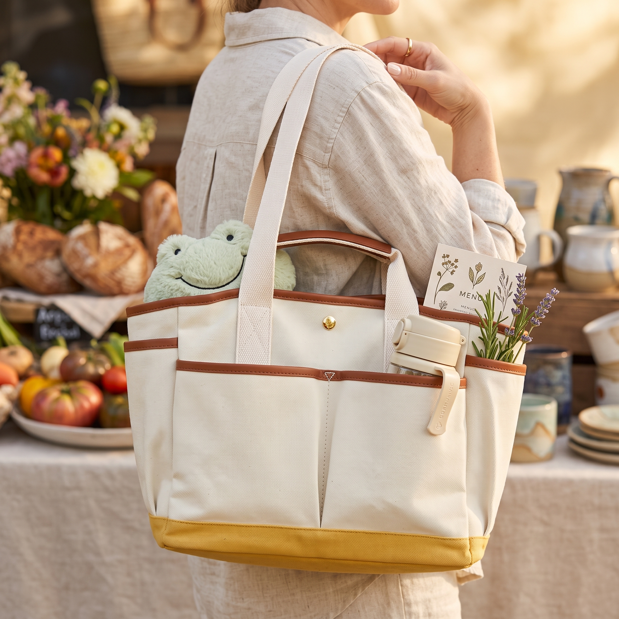 Retro Color-Block Multi-Pocket Canvas Tote Bag