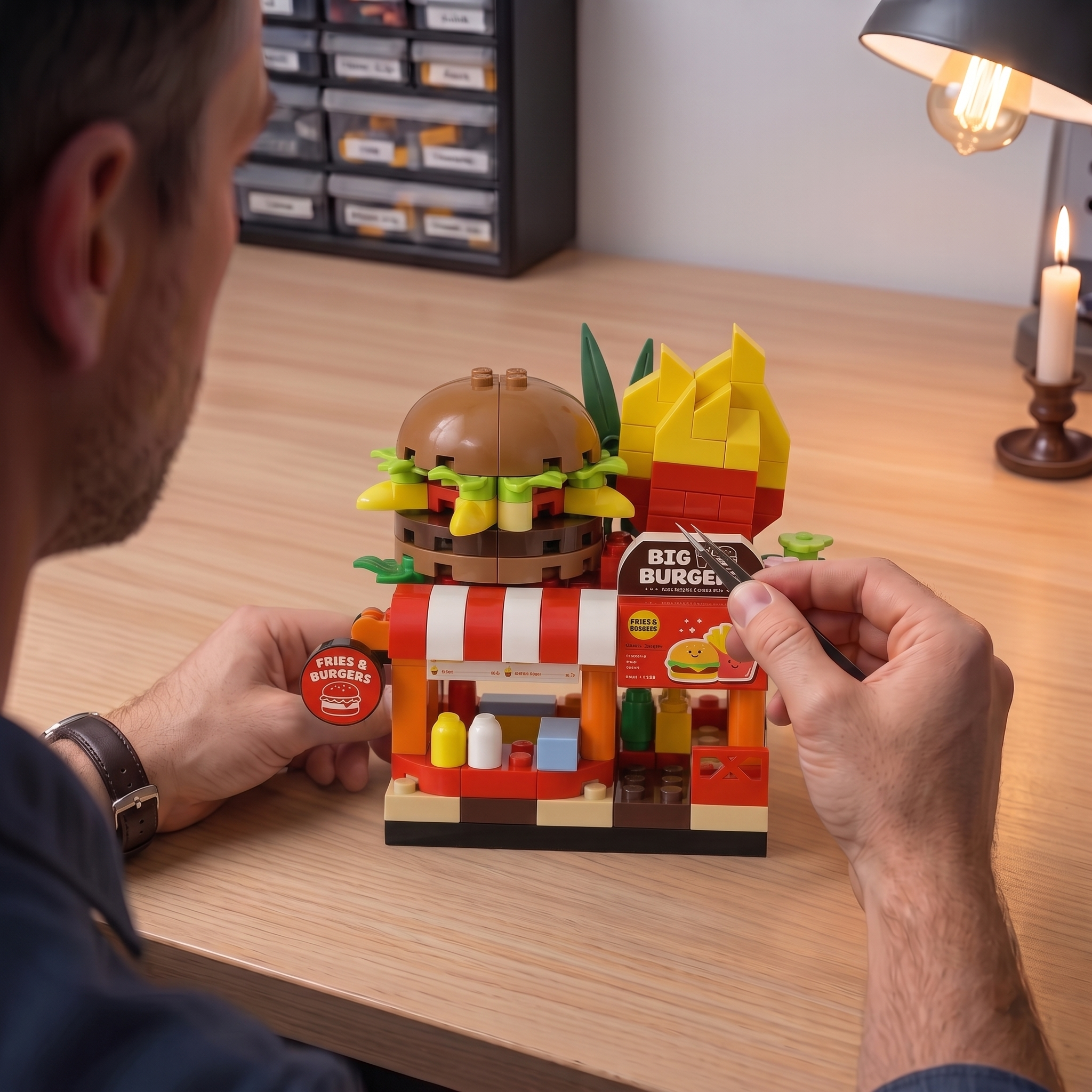 "Hamburger & Fries" Fast Food Shop Miniature Streetscape Building Block Set