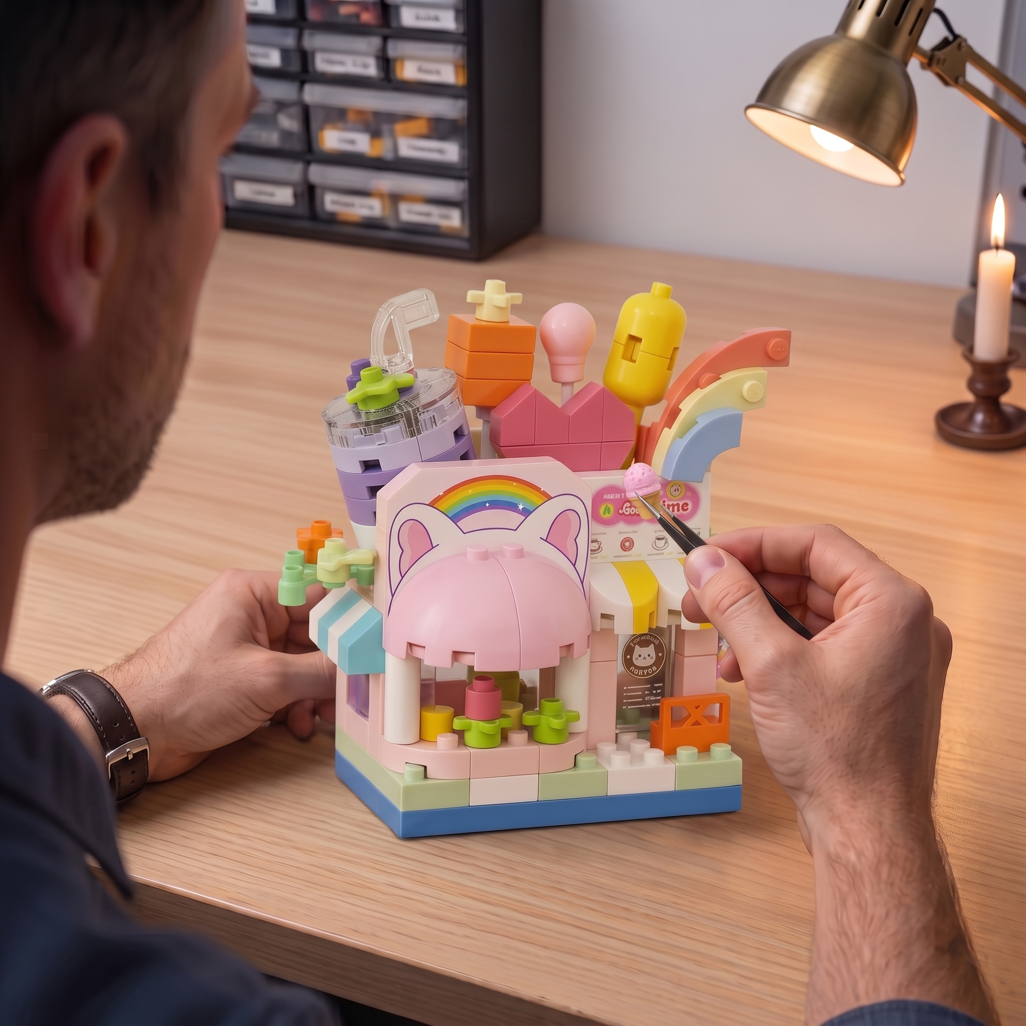 "Cat-Themed Sweet Drink Café" Miniature Streetscape Building Block Set